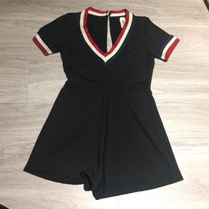 Black Romper with Red/Blue/Cream Stripe Border